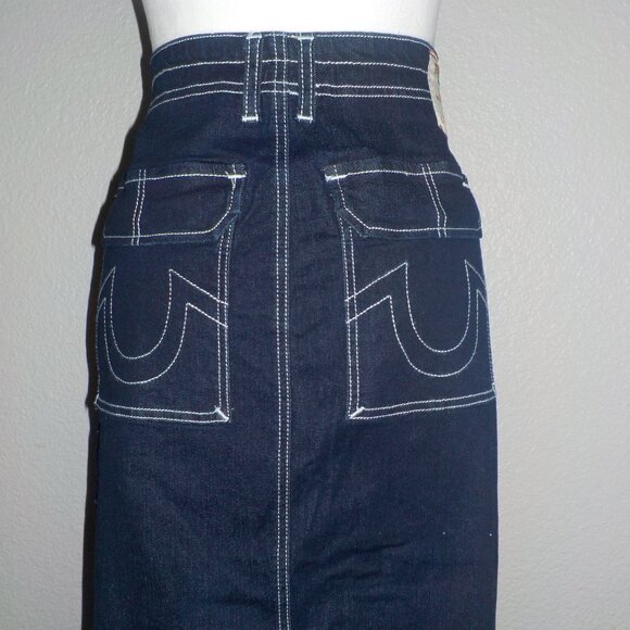 TRUE RELIGION WOMENS SIZES CARGO DARK WASH WHITE TOP STITCHED MAXI DENIM SKIRT - Picture 1 of 11